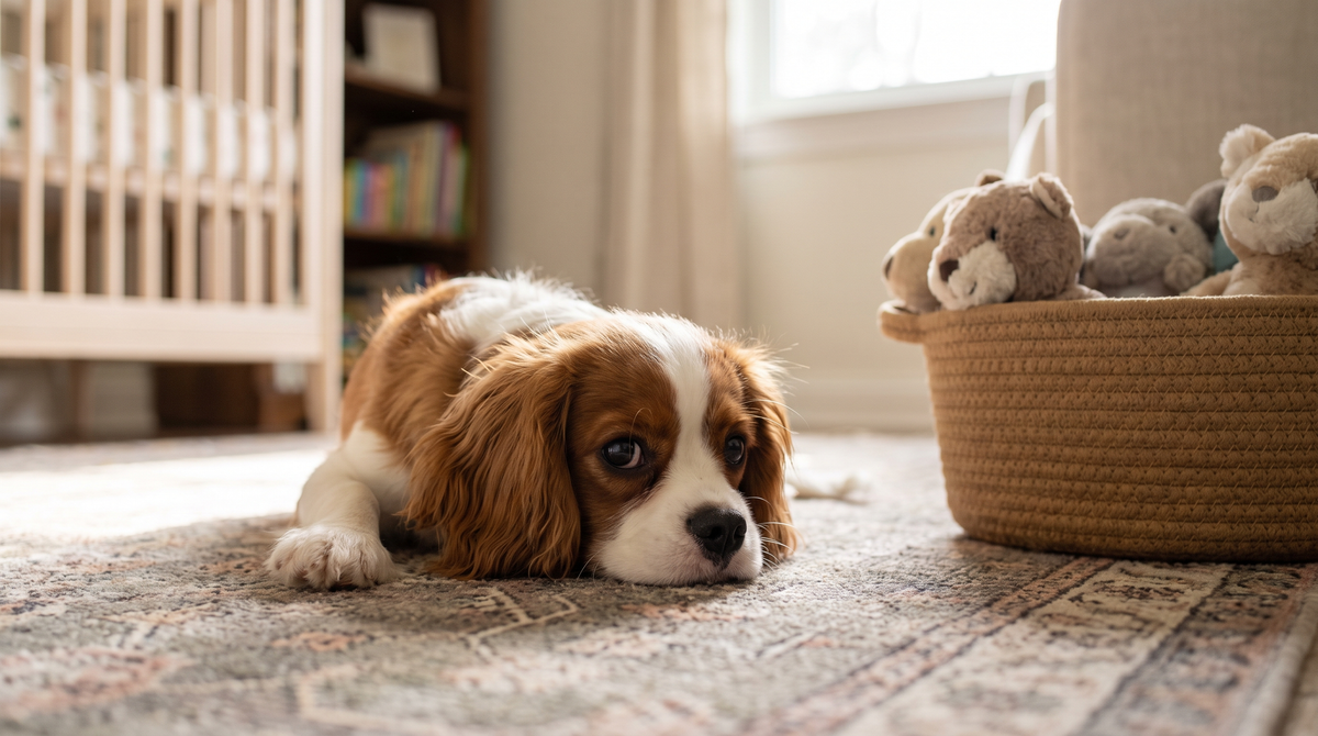 A four-month-old cavalier king charles spaniel lying on a nursery rug beside a basket of soft toys