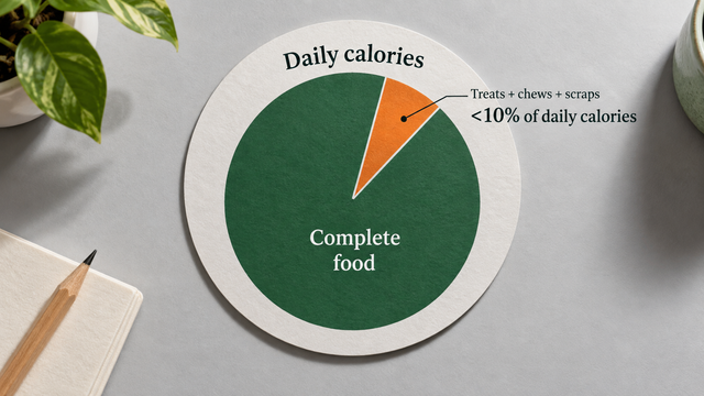 A paper diagram divides daily calories between complete food and the shared allowance for extras.