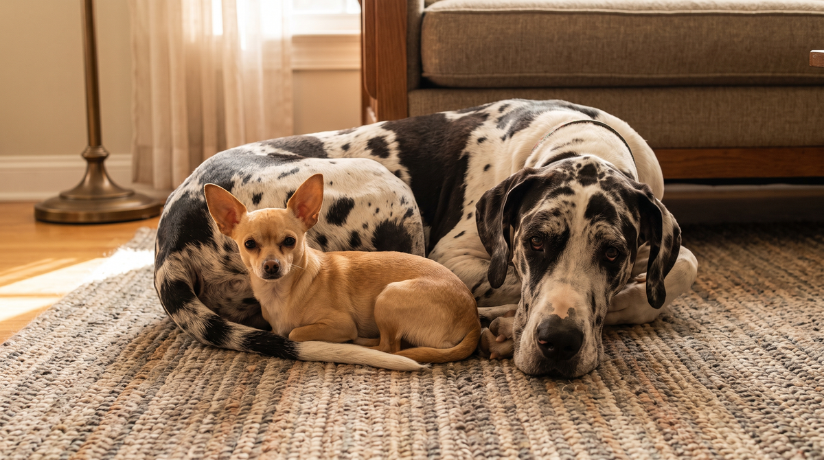 A small tan chihuahua lying on a woven rug beside a much larger harlequin great dane in a sunlit living room