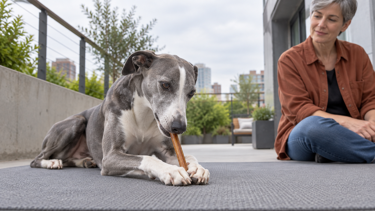 A lightly chewing adult dog works a thin bully stick while an owner watches nearby.