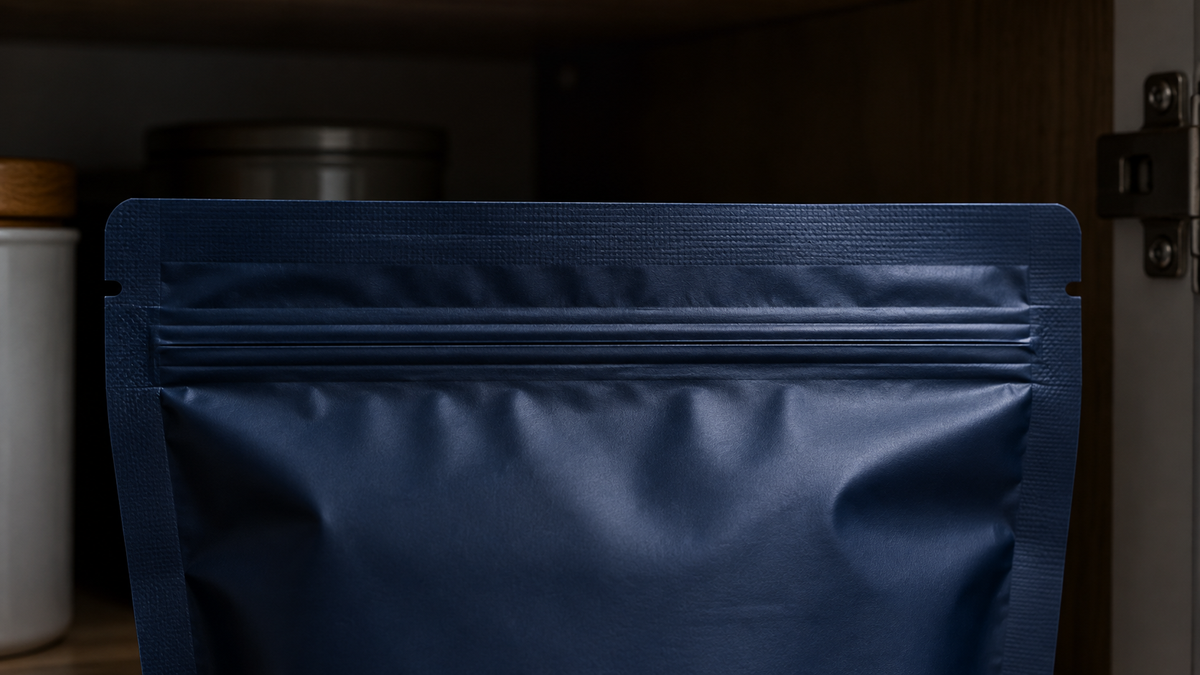 Close view of an intact closed opaque pouch seal inside a shaded cupboard.