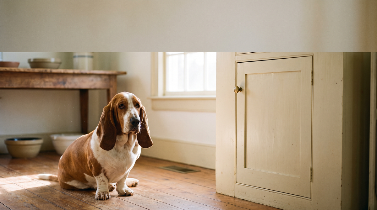 A basset hound sitting on a kitchen floor beside a closed cupboard door in midday light