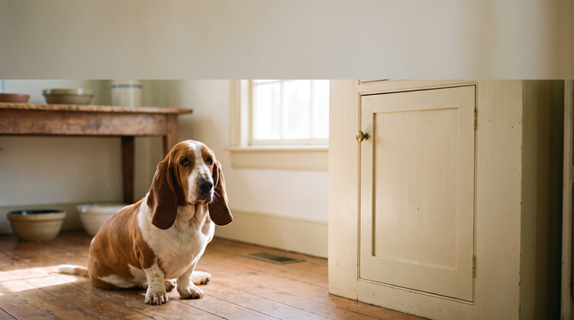A basset hound sitting on a kitchen floor beside a closed cupboard door in midday light