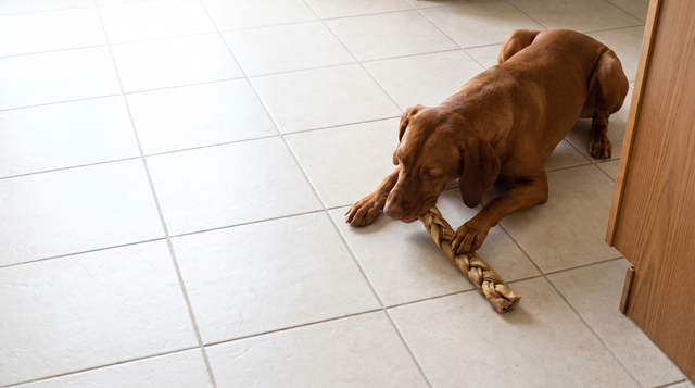 A vizsla lying on a clean pale tile kitchen floor holding a braided natural chew between its front paws in morning light
