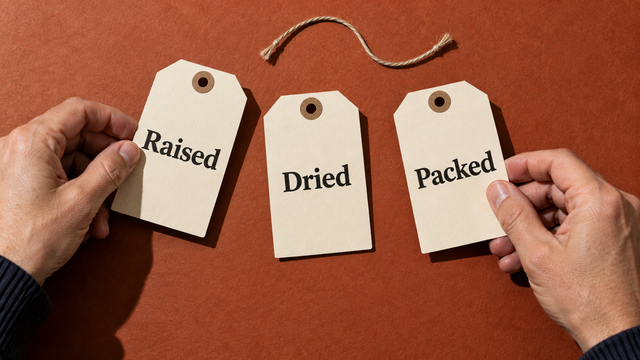 Separate tags distinguish where an animal was raised from where a chew was dried and packed.