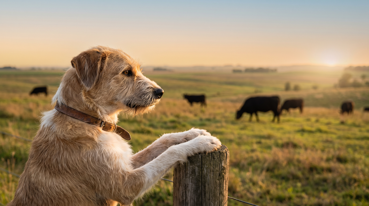 A tan shaggy mixed-breed dog with its front paws on a wooden fence post looking out across a pasture where black cattle are grazing at sunset