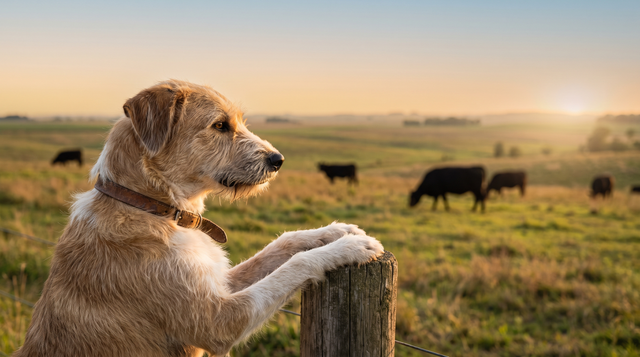A tan shaggy mixed-breed dog with its front paws on a wooden fence post looking out across a pasture where black cattle are grazing at sunset