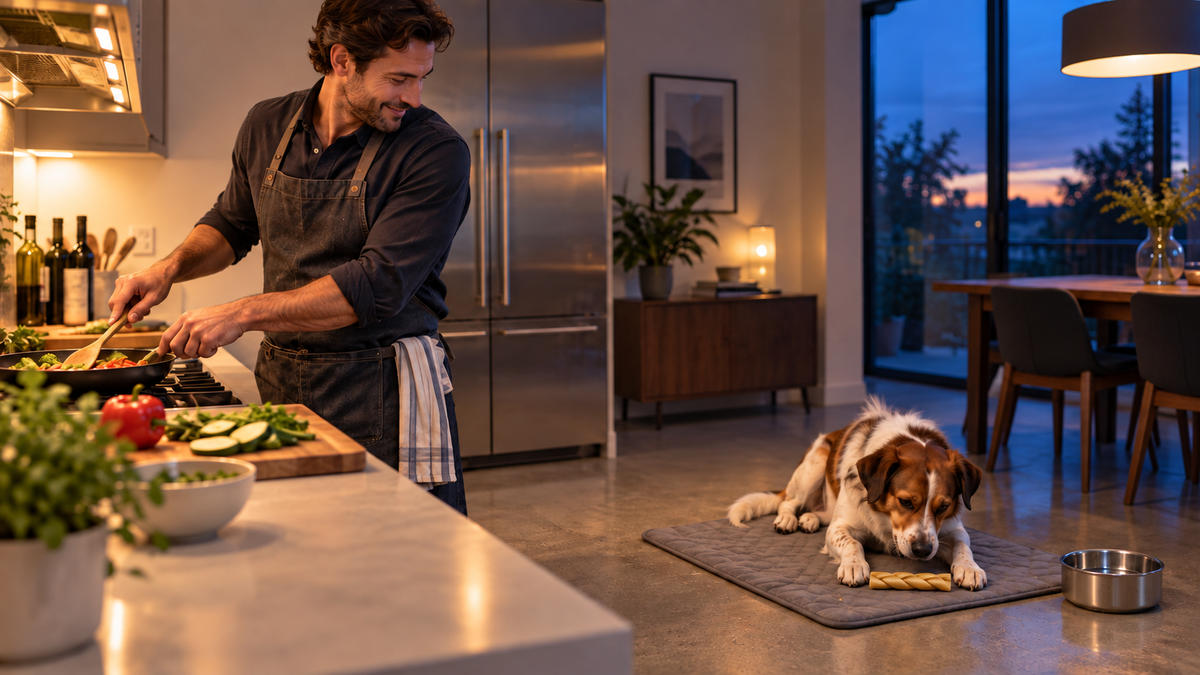 An adult prepares dinner while watching a dog beside a full collagen braid on a mat away from the stove.
