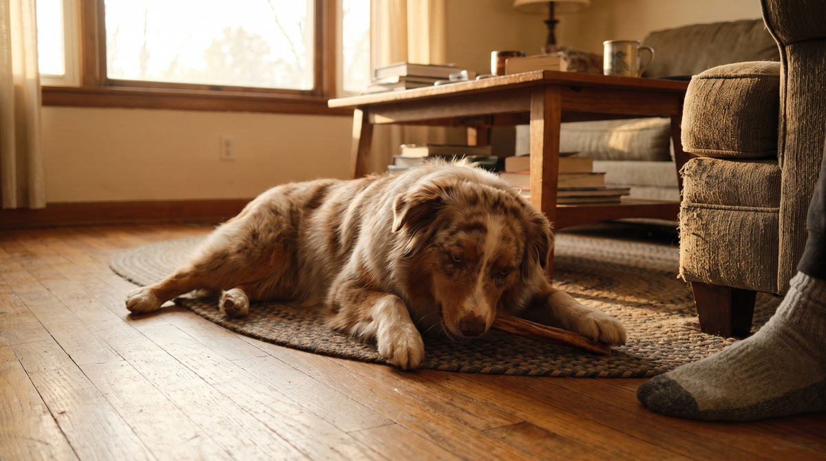 A red merle Australian shepherd lying on a braided rug on a hardwood floor, front paws holding a plain dried chew stick, in afternoon light