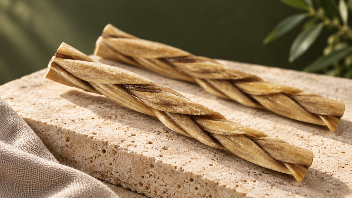 Two braided lamb collagen chews on pale travertine, showing broad folded ribbons and a natural dried texture.