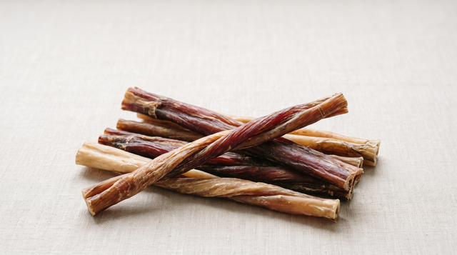 A loose pile of plain dried beef bully sticks showing natural colour variation and twisted fibrous texture