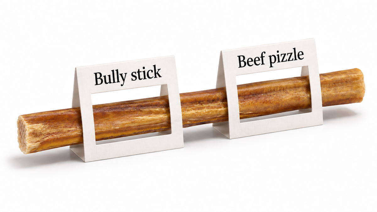 One bully stick passing through two label frames reading Bully stick and Beef pizzle.