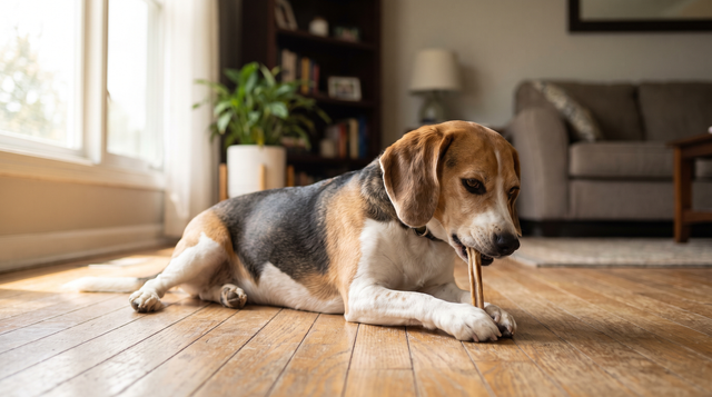 A beagle lying on a wooden living-room floor chewing a plain dried beef chew stick held between its front paws