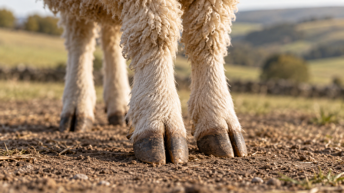 A sheep's wool-covered lower legs and paired cloven hooves stand on dry ground.