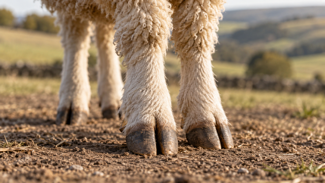 A sheep's wool-covered lower legs and paired cloven hooves stand on dry ground.