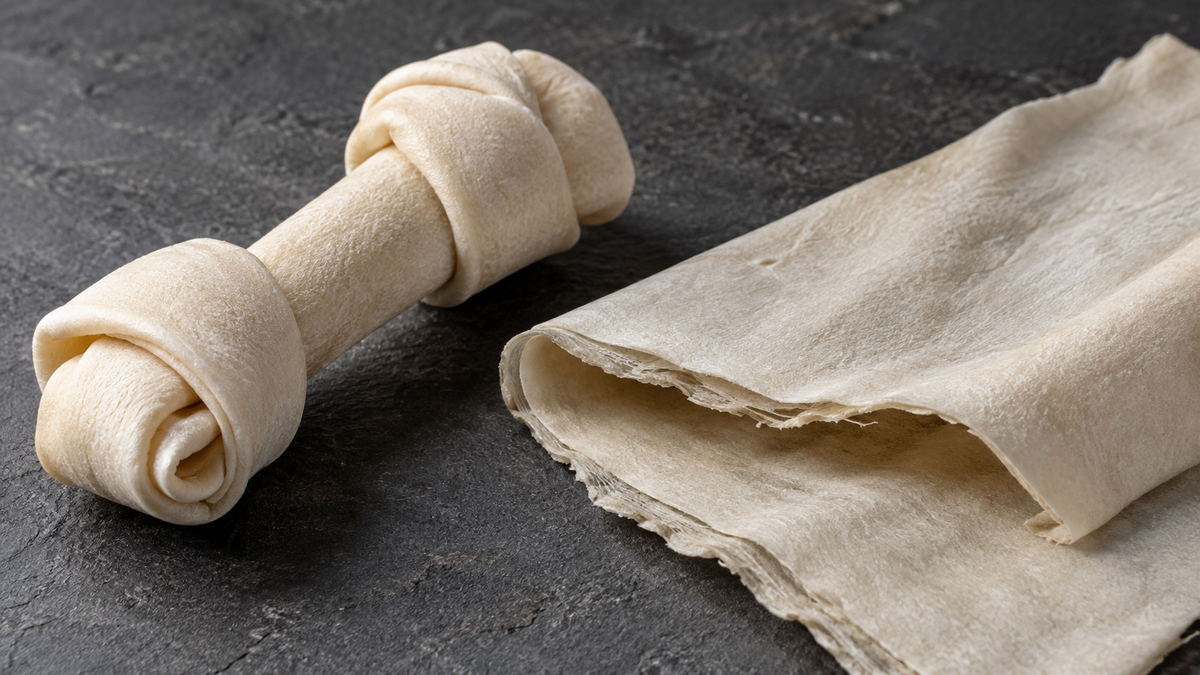 Close-up of a pale knotted rawhide chew beside a folded sheet of hide on a dark surface.