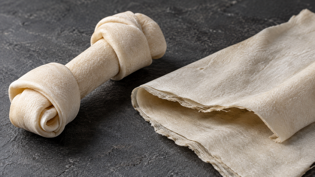 Close-up of a pale knotted rawhide chew beside a folded sheet of hide on a dark surface.