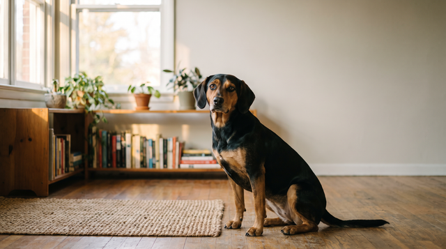 A black-and-tan hound-type mixed-breed dog sitting on a wooden living-room floor beside an empty woven mat in afternoon window light