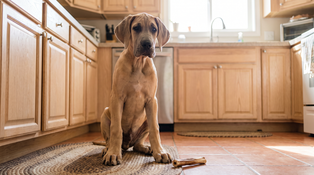 A great dane puppy sitting on a braided kitchen rug with oversized paws, a short natural dried chew stick on the tile floor beside it