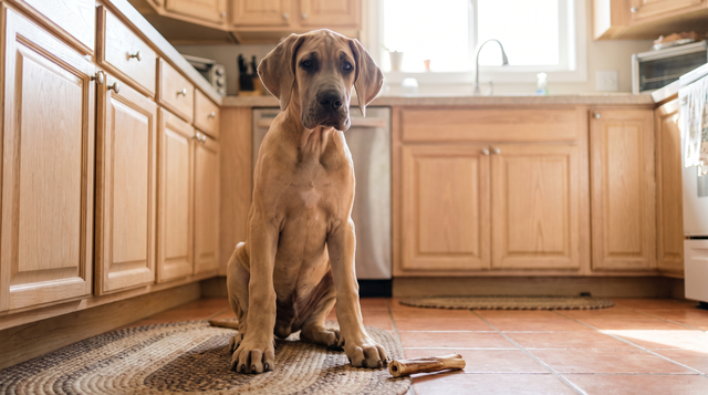 A great dane puppy sitting on a braided kitchen rug with oversized paws, a short natural dried chew stick on the tile floor beside it