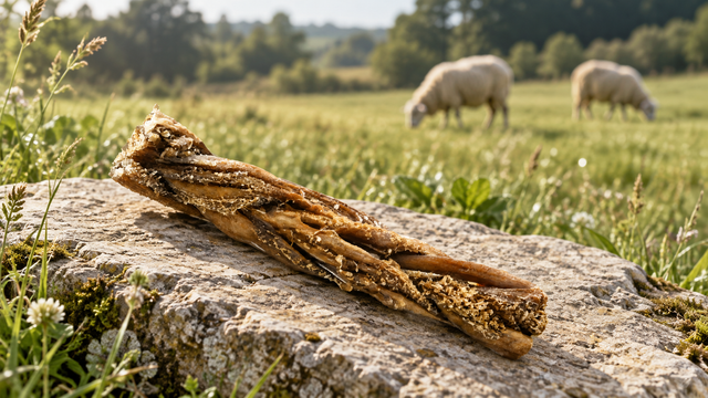 A dried lamb tripe stick in the foreground with sheep grazing in a softly blurred meadow, illustrating its ruminant origin.