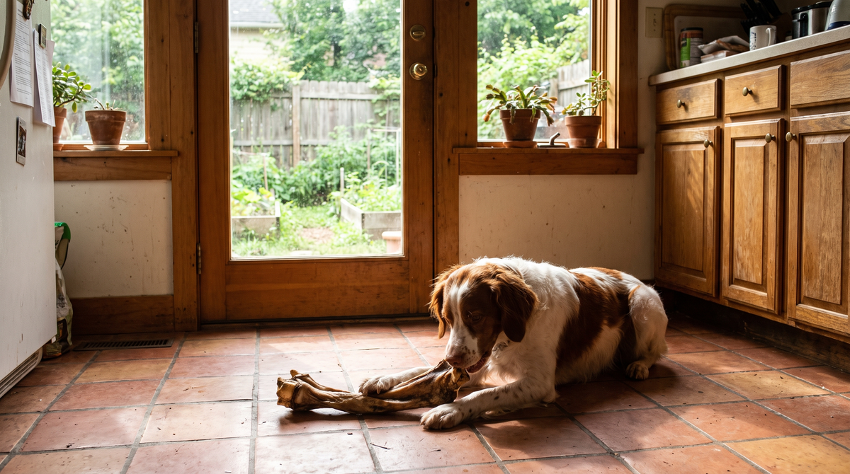 A Brittany lying on a sunlit tile kitchen floor with a long twisted natural chew between its front paws