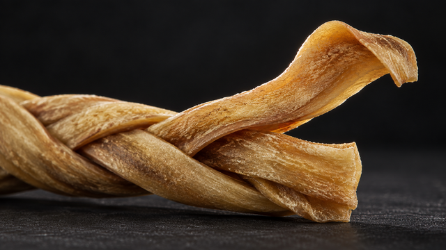 Macro study of a lamb collagen braid with one broad strand loosened at the end.
