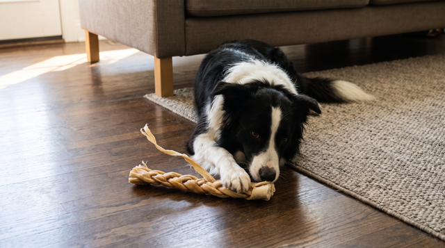 A black and white border collie on a hardwood floor with one paw on a braided natural chew whose end has frayed open