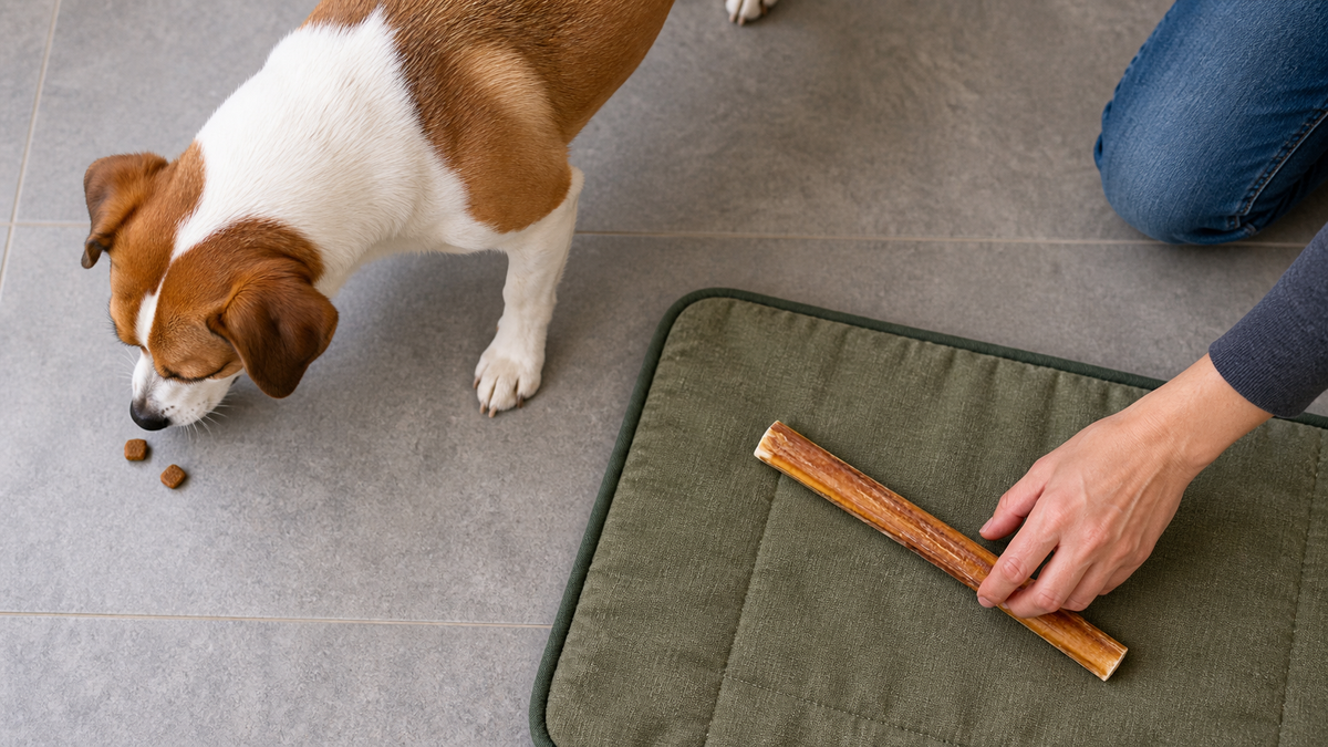Overhead practice trade: a dog turns toward reward pieces while an adult retrieves the full bully stick it has left on a mat.