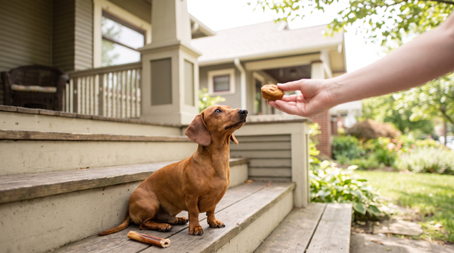 A red dachshund sitting on wooden porch steps looking up at a person's hand offering a small biscuit, with a short chew stub on the step beside it