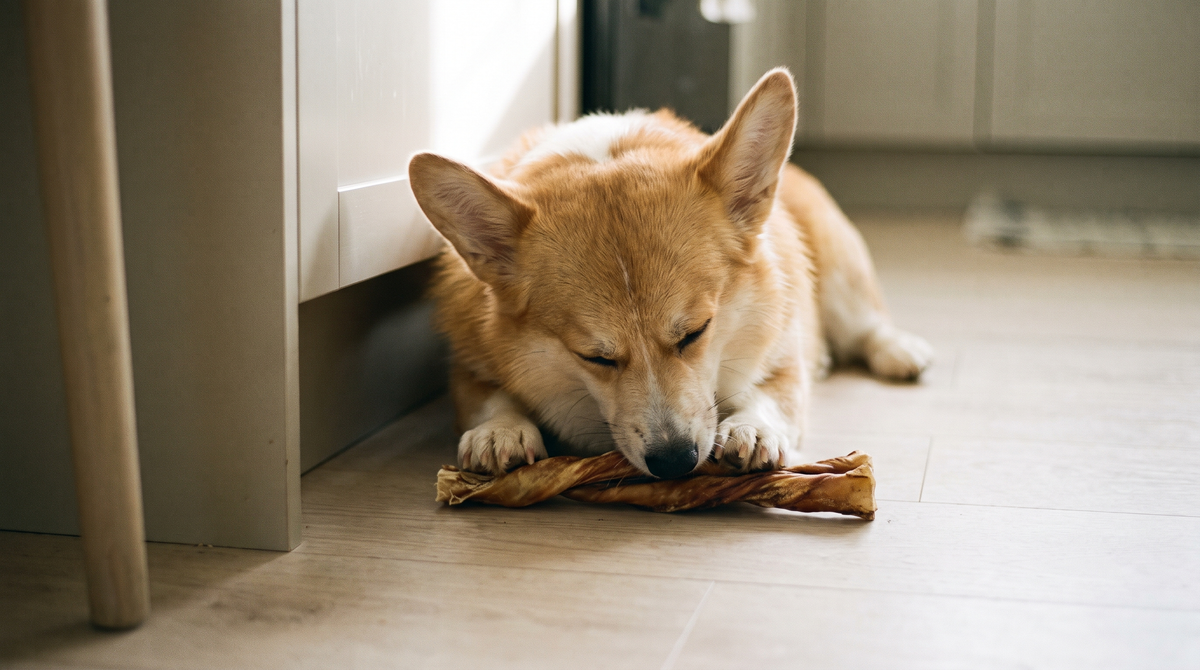 A Pembroke Welsh corgi lying on a pale kitchen floor holding a twisted natural chew between its front paws in morning daylight