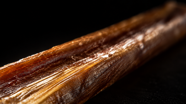 Raking light reveals the longitudinal exterior texture of a bully stick against a dark background.