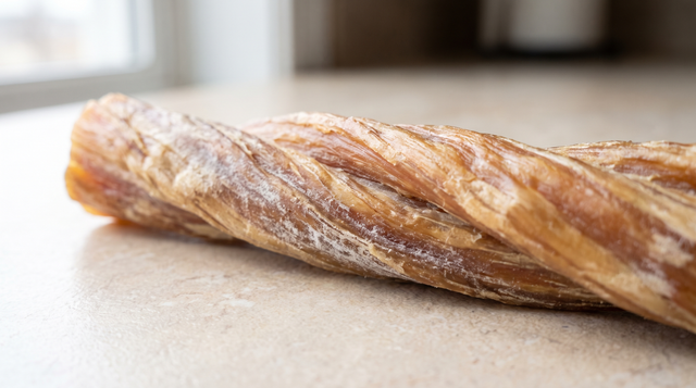 A close macro of a twisted dried beef chew stick lying on a pale kitchen counter, showing its fibrous grain and a faint pale surface bloom