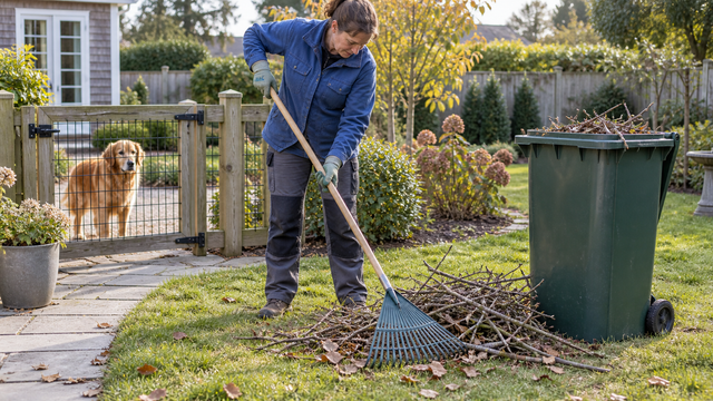 An owner clearing fallen branches from a yard while the dog waits behind a secure garden barrier.