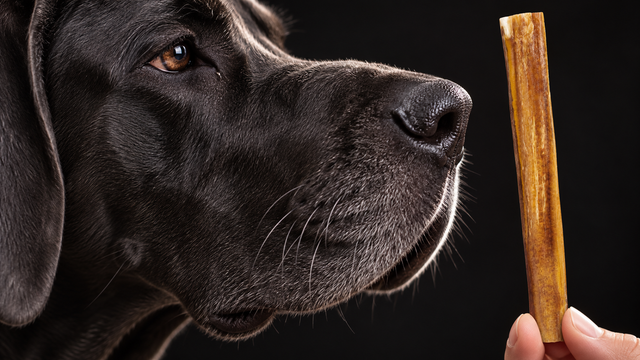 Close side view of a dog sniffing a bully stick with its mouth closed.