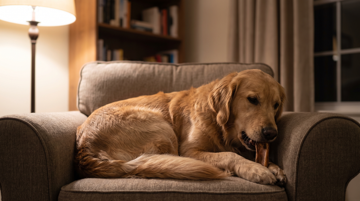 A golden retriever settled in an armchair corner working on a natural chew under evening lamp light