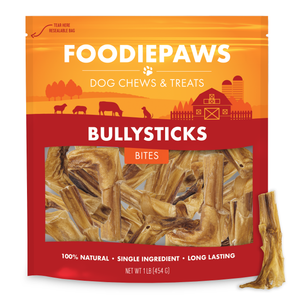 Bully Stick Bites in a resealable 1 lb Foodiepaws bag with bite-size natural beef chew pieces shown in front