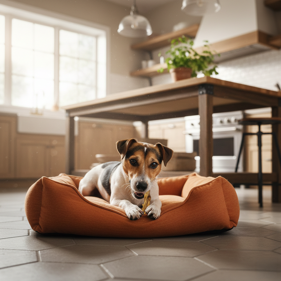 Dog chewing Bully Stick Bites at home