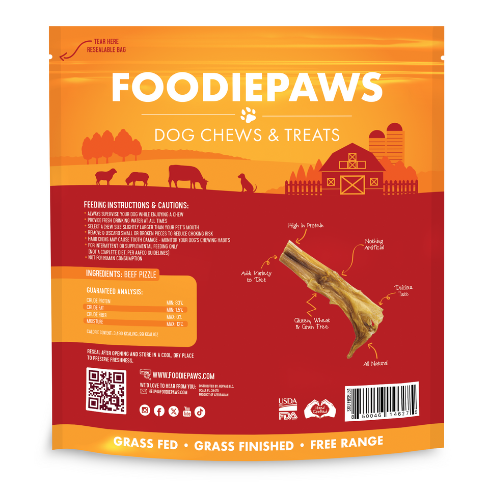 Back of the 1 lb Bully Stick Bites bag with feeding instructions, ingredients, and guaranteed analysis