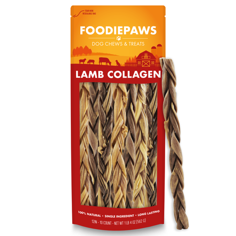 12-Inch Lamb Collagen Sticks in a resealable Foodiepaws bag with long braided natural lamb chews in front