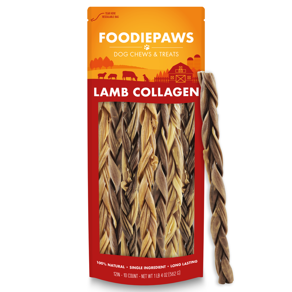 12-Inch Lamb Collagen Sticks in a resealable Foodiepaws bag with long braided natural lamb chews in front