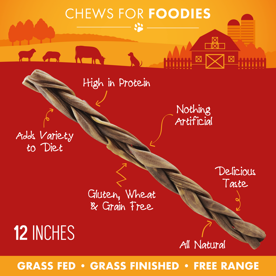 Single braided 12-inch lamb collagen stick with feature callouts including high in protein and all natural
