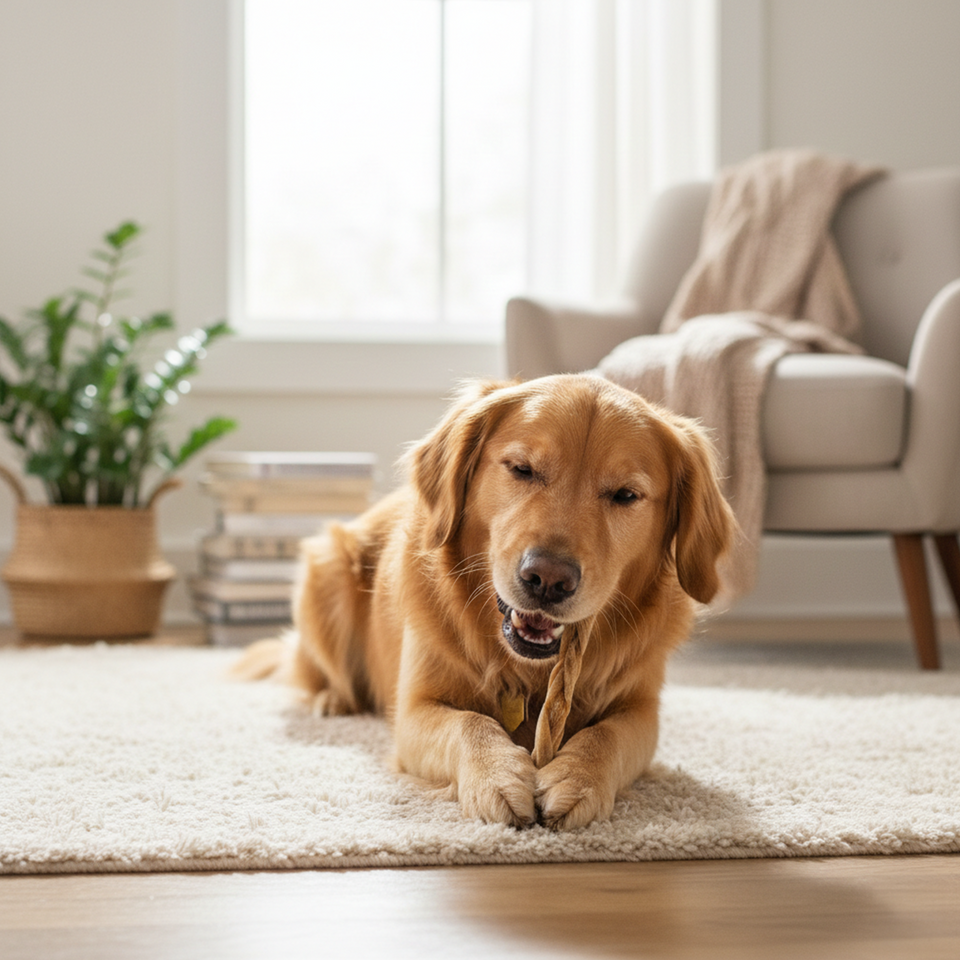 Dog chewing a 12-Inch Lamb Collagen Stick at home