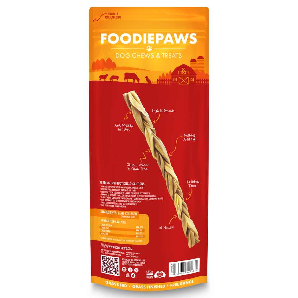 Back of the 12-Inch Lamb Collagen Sticks bag with feeding instructions, ingredients, and guaranteed analysis