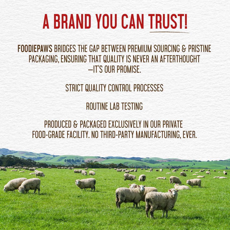 Foodiepaws trust panel for 12-Inch Lamb Collagen Sticks: lab testing, private facility, sheep grazing on pasture