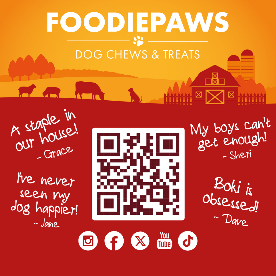 Foodiepaws brand card for 12-Inch Lamb Collagen Sticks with QR code, customer reviews, and social icons