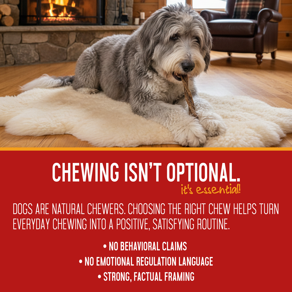 Dog enjoying a 12-inch lamb tripe stick — panel on making everyday chewing a positive routine