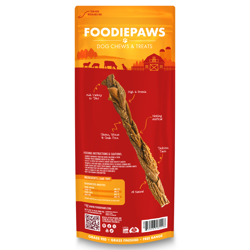 Back of the 12-Inch Lamb Tripe Sticks bag with feeding instructions, ingredients, and guaranteed analysis