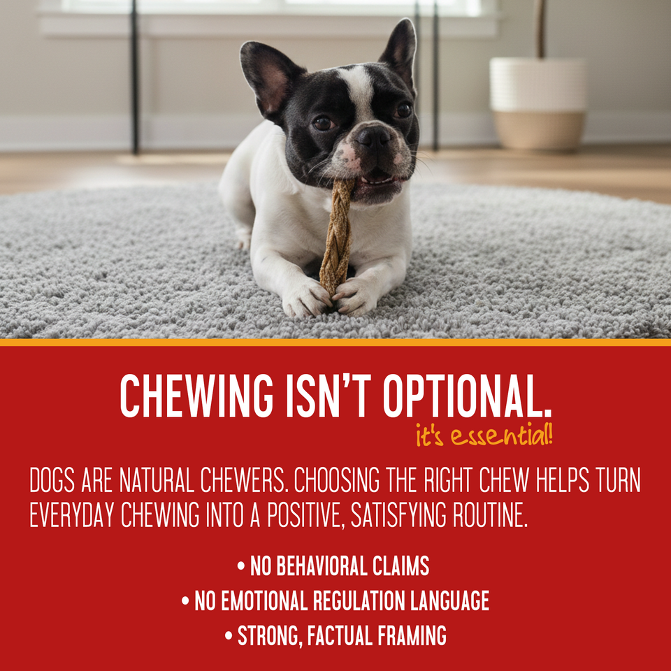 Dog enjoying a lamb tripe stick — panel on making everyday chewing a positive, satisfying routine