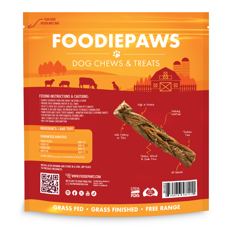 Back of the 6-Inch Lamb Tripe Sticks bag with feeding instructions, ingredients, and guaranteed analysis